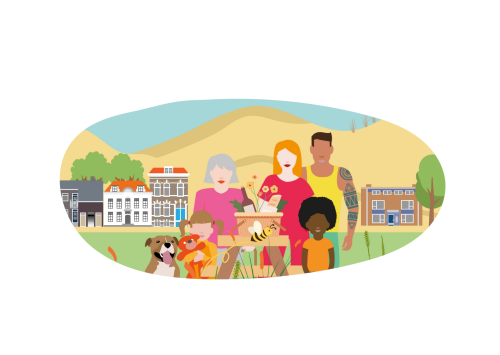 Groepje persona's in een groene omgeving